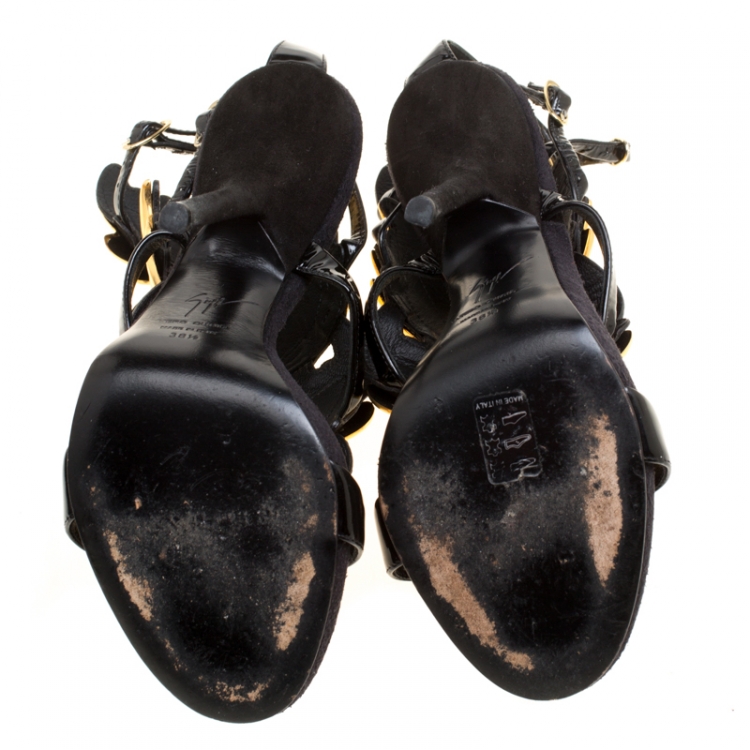 Pre Owned Giuseppe Zanotti Black Patent Leather Argent Metal Wing Embellished Strappy Sandals Size 38.5