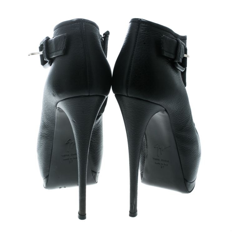 Pre Owned Giuseppe Zanotti Black Leather Peep Toe Platform Ankle Boots Size 37