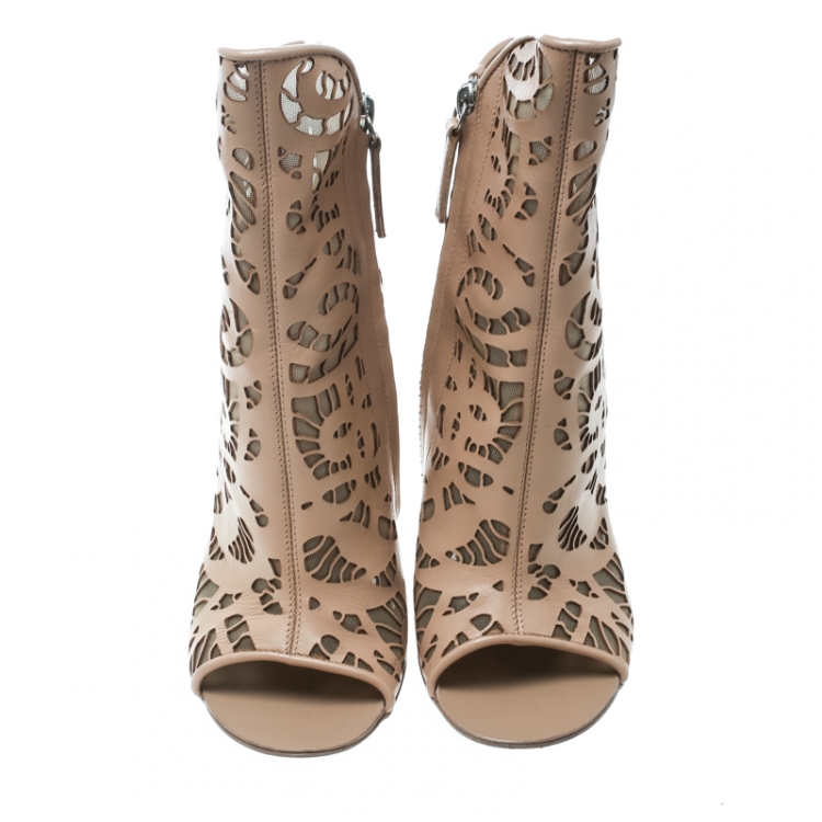 Pre Owned Giuseppe Zanotti Beige Laser Cut Leather Peep Toe Boots Size 36