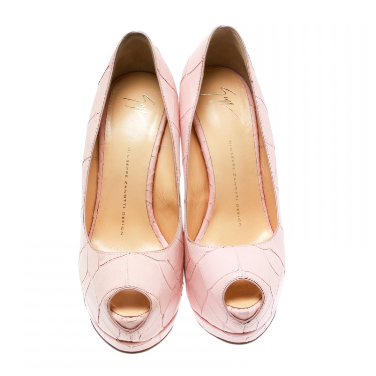 Pre Owned Giuseppe Zanotti Blush Pink Croc Embossed Leather Peep Toe Platform Pumps Size 38.5