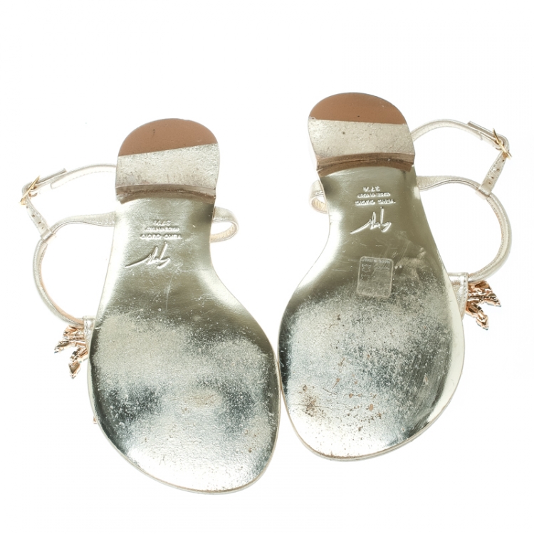 Pre Owned Giuseppe Zanotti Metallic Gold Leather Crystal Embellished Palm Tree Flat Thong Sandals Size 37.5