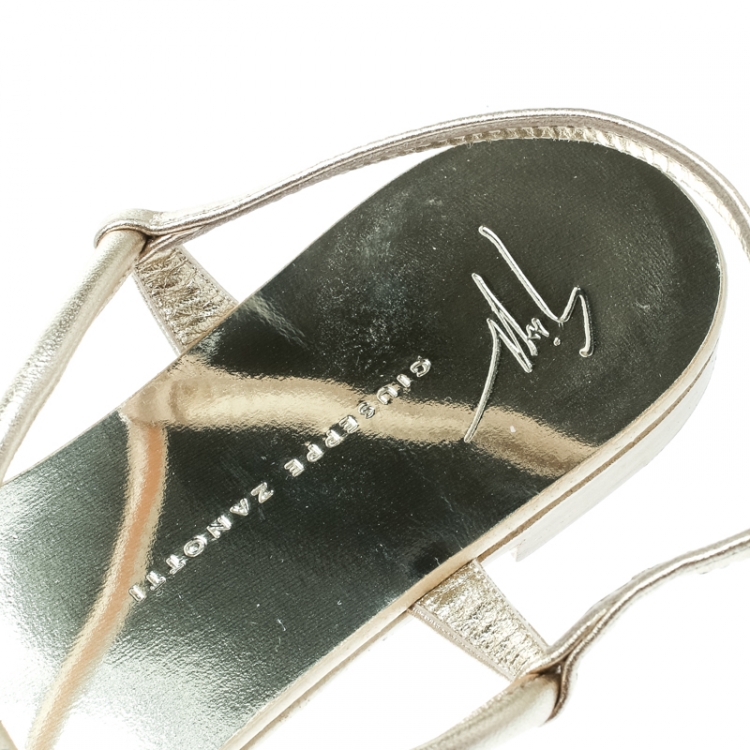Pre Owned Giuseppe Zanotti Metallic Gold Leather Crystal Embellished Palm Tree Flat Thong Sandals Size 37.5
