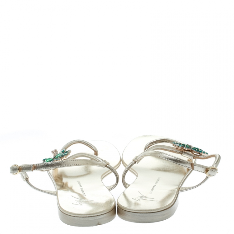 Pre Owned Giuseppe Zanotti Metallic Gold Leather Crystal Embellished Palm Tree Flat Thong Sandals Size 37.5