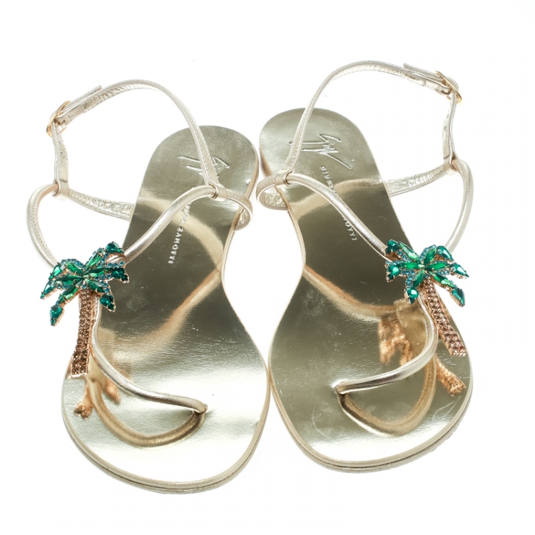 Pre Owned Giuseppe Zanotti Metallic Gold Leather Crystal Embellished Palm Tree Flat Thong Sandals Size 37.5