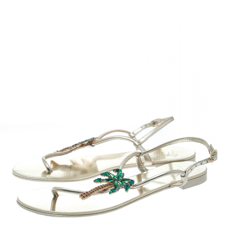 Pre Owned Giuseppe Zanotti Metallic Gold Leather Crystal Embellished Palm Tree Flat Thong Sandals Size 37.5
