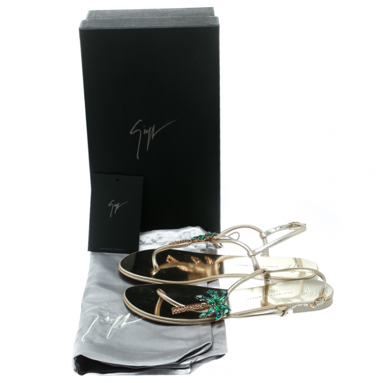 Pre Owned Giuseppe Zanotti Metallic Gold Leather Crystal Embellished Palm Tree Flat Thong Sandals Size 37.5
