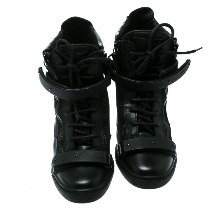 مملوكة مسبقًا Giuseppe Zanotti Black Leather Jennifer Wedge Sneakers Size 41