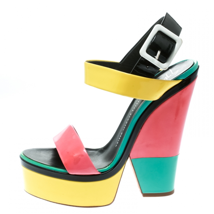 Pre Owned Giuseppe Zanotti Multicolor Colorblock Patent Leather Platform Ankle Strap Sandals Size 40