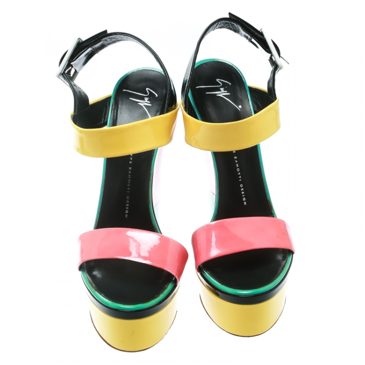 Pre Owned Giuseppe Zanotti Multicolor Colorblock Patent Leather Platform Ankle Strap Sandals Size 40