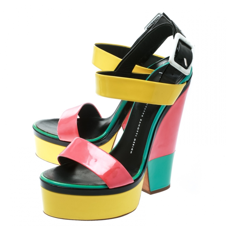 Pre Owned Giuseppe Zanotti Multicolor Colorblock Patent Leather Platform Ankle Strap Sandals Size 40