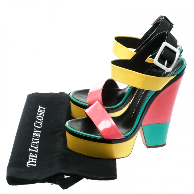 Pre Owned Giuseppe Zanotti Multicolor Colorblock Patent Leather Platform Ankle Strap Sandals Size 40