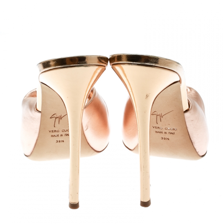 Pre Owned Giuseppe Zanotti Metallic Copper Leather Knotted Slip On Sandals Size 39.5