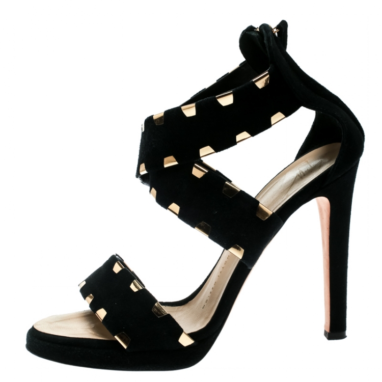 Pre Owned Giuseppe Zanotti Black Suede Cross Ankle Strap Sandals Size 38.5