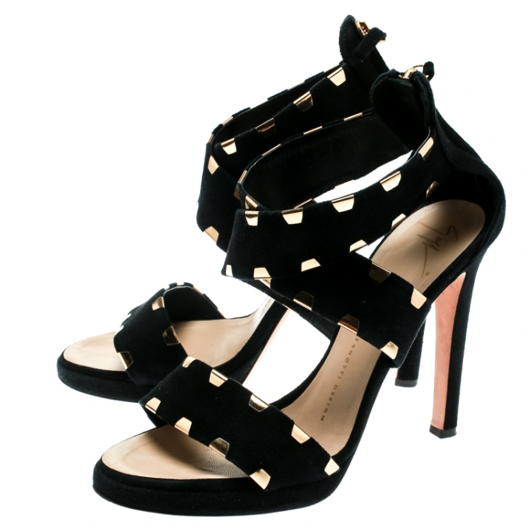 Pre Owned Giuseppe Zanotti Black Suede Cross Ankle Strap Sandals Size 38.5