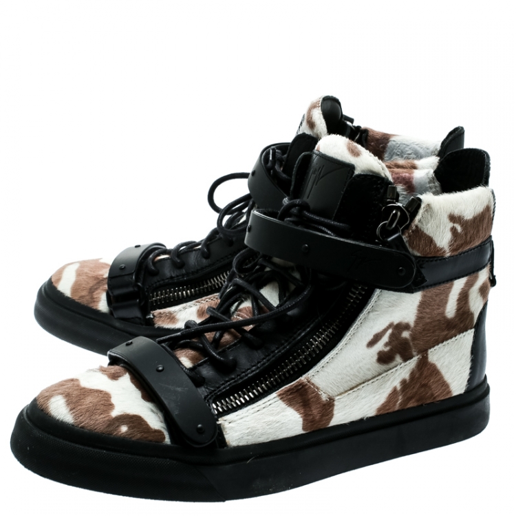 Pre Owned Giuseppe Zanotti Tricolor Calf Hair And Leather Trim Camouflage High Top Sneakers Size 39.5
