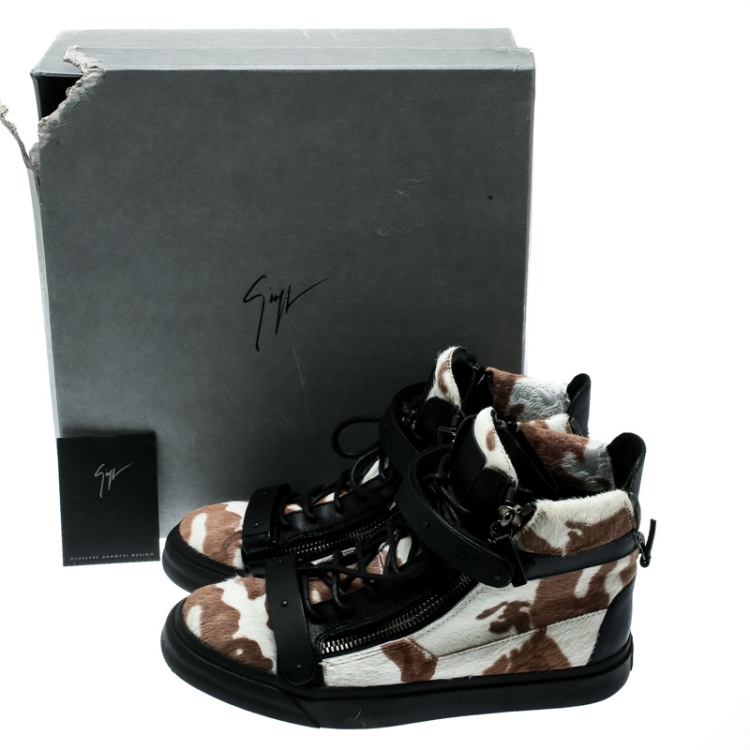 Pre Owned Giuseppe Zanotti Tricolor Calf Hair And Leather Trim Camouflage High Top Sneakers Size 39.5