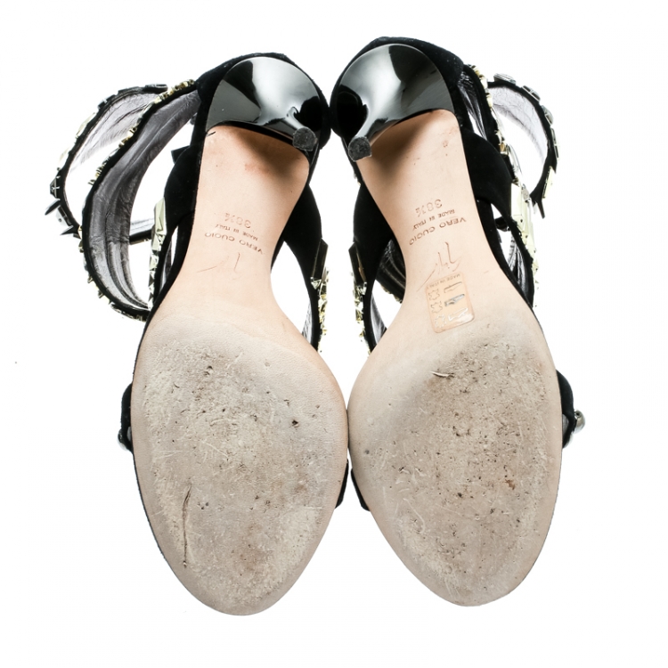 Pre Owned Giuseppe Zanotti Black Embellished Suede Ankle Strap Open Toe Sandals Size 38.5