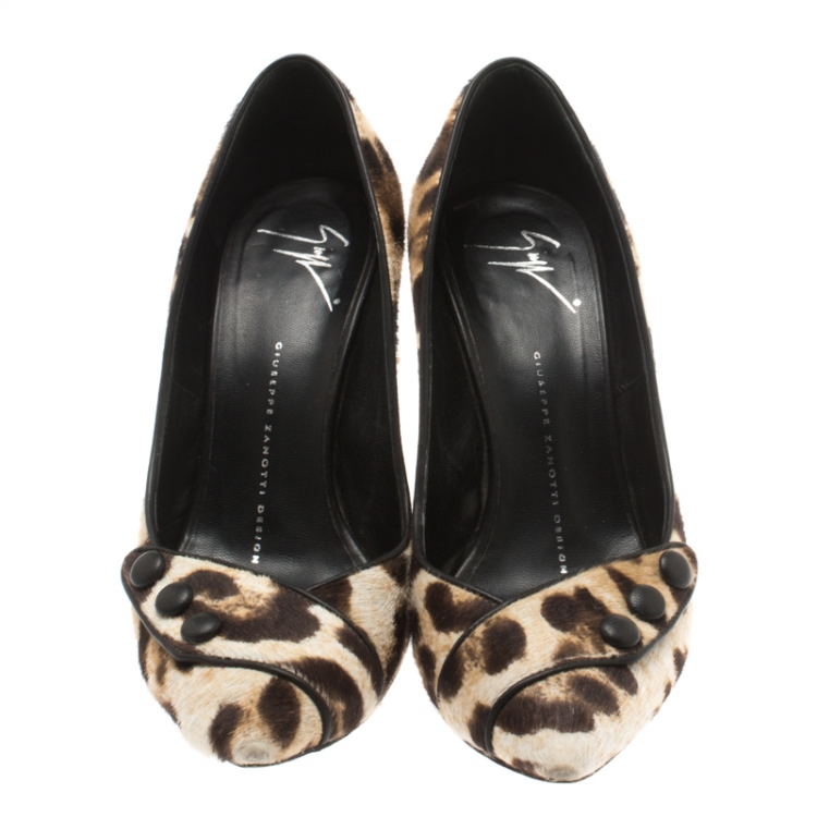 Pre Owned Giuseppe Zanotti Beige Leopard Print Pony Hair Button Detail Pumps Size 38