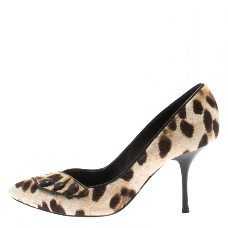 Pre Owned Giuseppe Zanotti Beige Leopard Print Pony Hair Button Detail Pumps Size 38