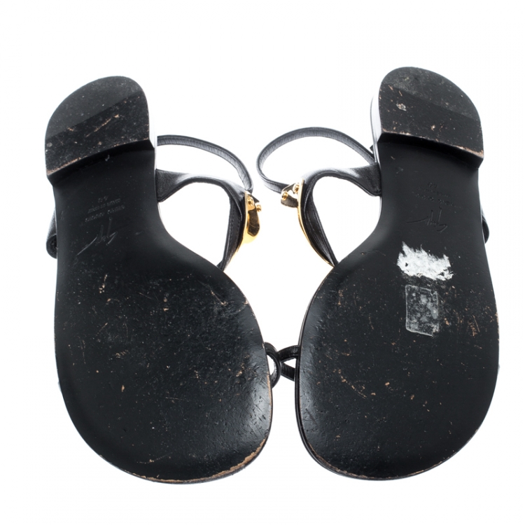 Pre Owned Giuseppe Zanotti Black Leather Cross Strap Flat Sandals Size 40