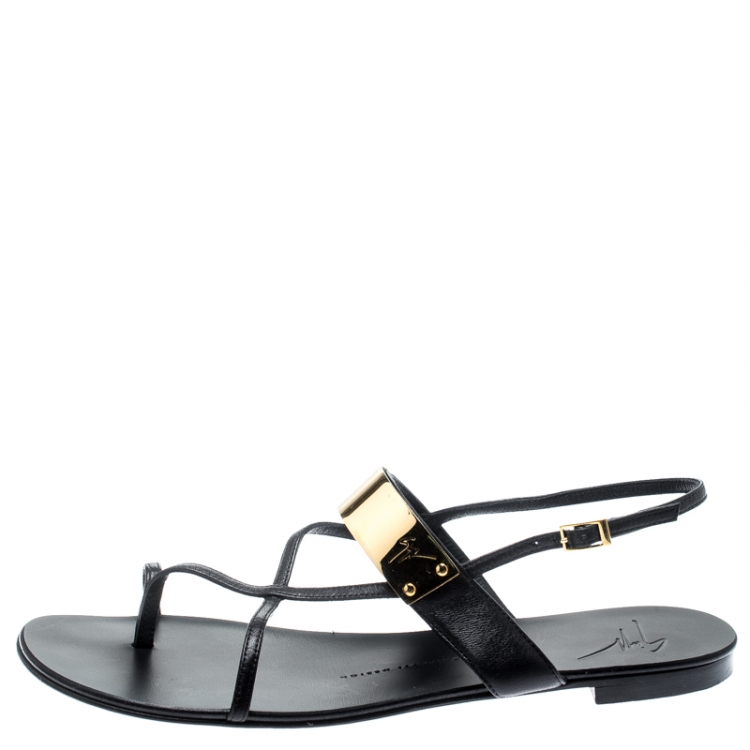 Pre Owned Giuseppe Zanotti Black Leather Cross Strap Flat Sandals Size 40
