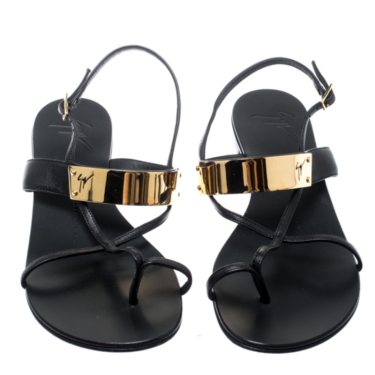 Pre Owned Giuseppe Zanotti Black Leather Cross Strap Flat Sandals Size 40