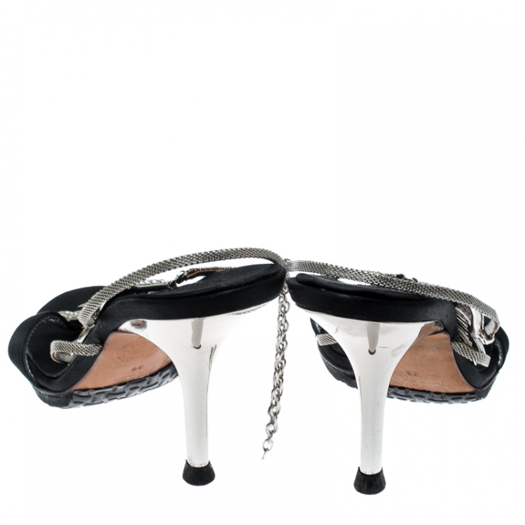Pre Owned Giuseppe Zanotti Black Satin Crystal Encrusted Fish Bone Embellished Sandals Size 36
