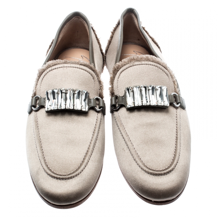 مملوكة مسبقًا Giuseppe Zanotti Beige Satin Letizia Crystal Embellished Loafers Size 36