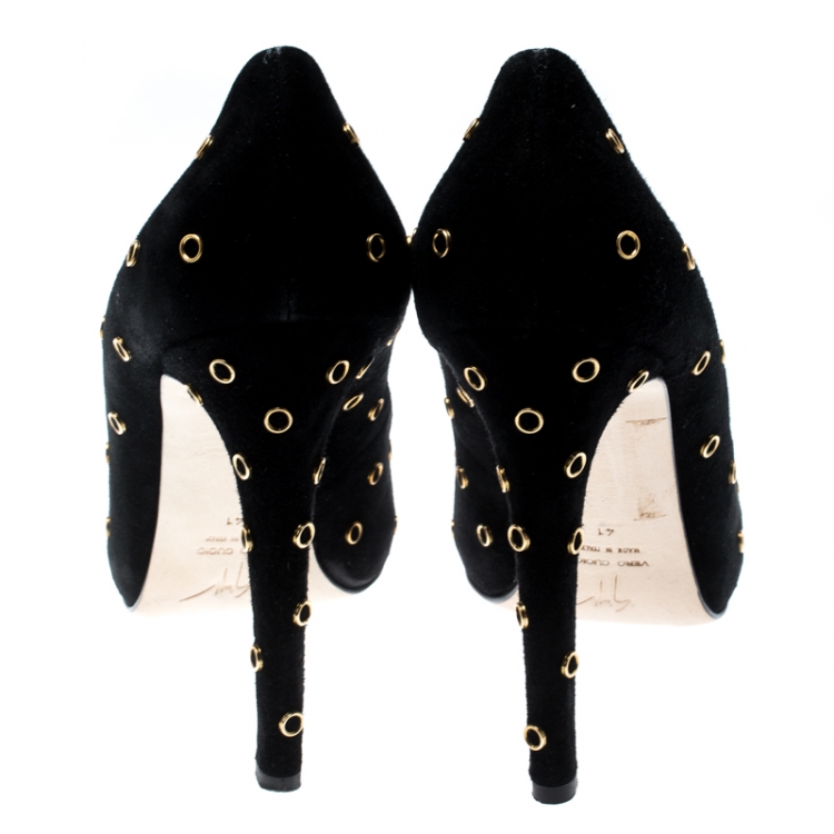 Pre Owned Giuseppe Zanotti Black Suede Eyelet Detail Peep Toe Pumps Size 41