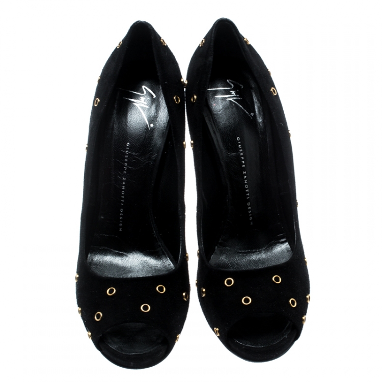 Pre Owned Giuseppe Zanotti Black Suede Eyelet Detail Peep Toe Pumps Size 41