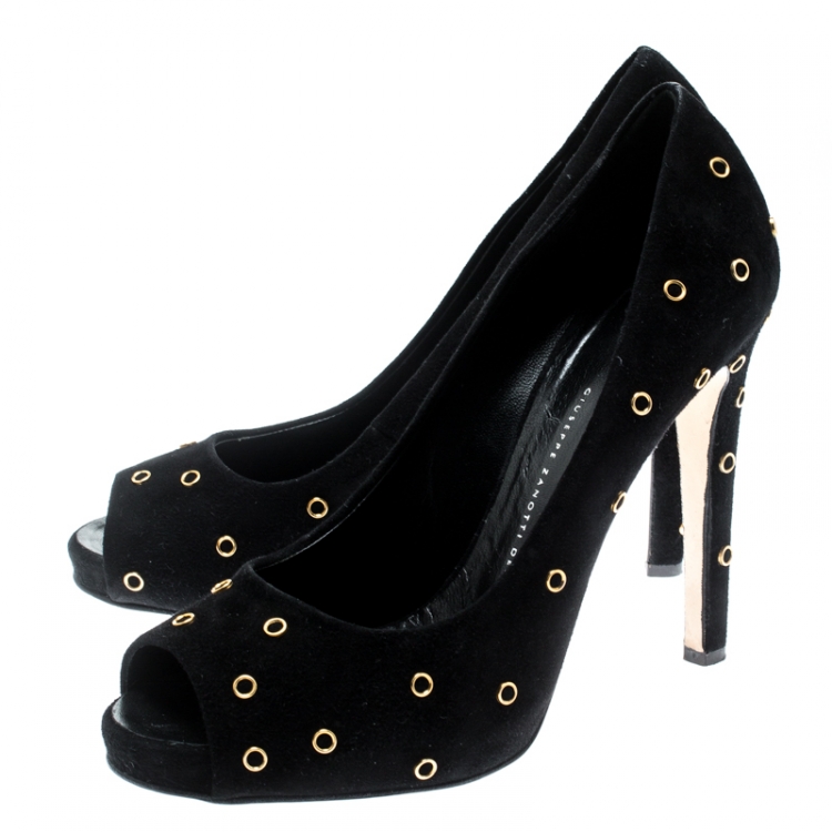 Pre Owned Giuseppe Zanotti Black Suede Eyelet Detail Peep Toe Pumps Size 41