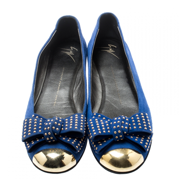 Pre Owned Giuseppe Zanotti Blue Suede And Gold Cap Toe Studded Bow Ballet Flats Size 38.5