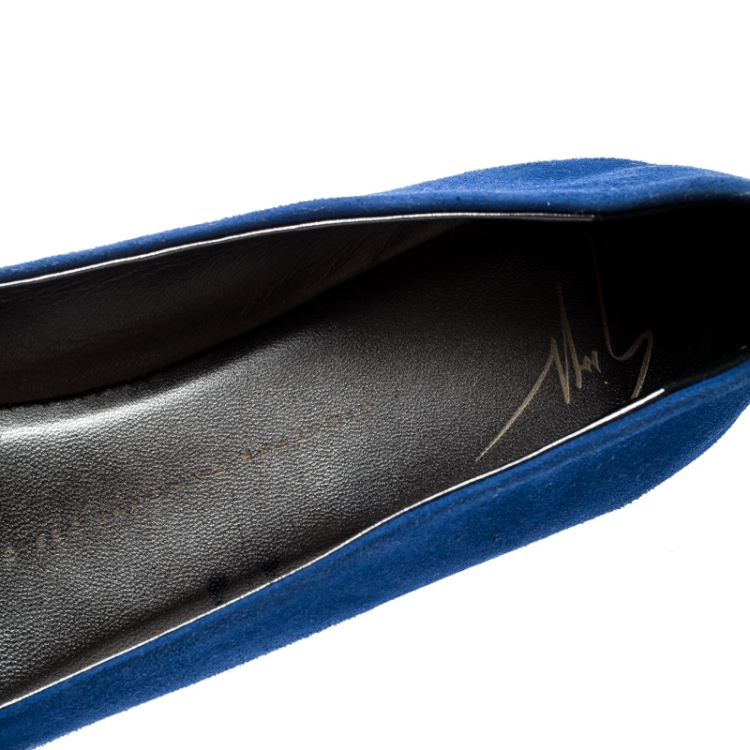 Pre Owned Giuseppe Zanotti Blue Suede And Gold Cap Toe Studded Bow Ballet Flats Size 38.5