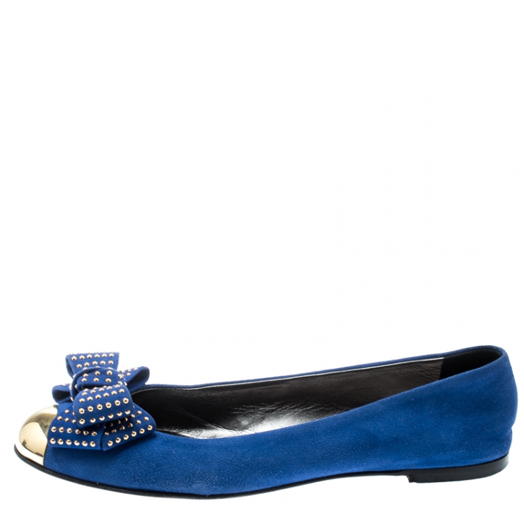 Pre Owned Giuseppe Zanotti Blue Suede And Gold Cap Toe Studded Bow Ballet Flats Size 38.5