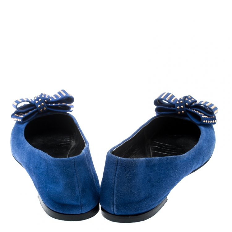 Pre Owned Giuseppe Zanotti Blue Suede And Gold Cap Toe Studded Bow Ballet Flats Size 38.5