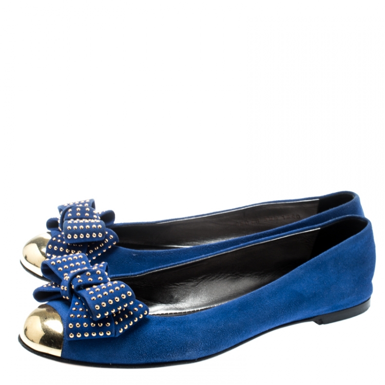 Pre Owned Giuseppe Zanotti Blue Suede And Gold Cap Toe Studded Bow Ballet Flats Size 38.5