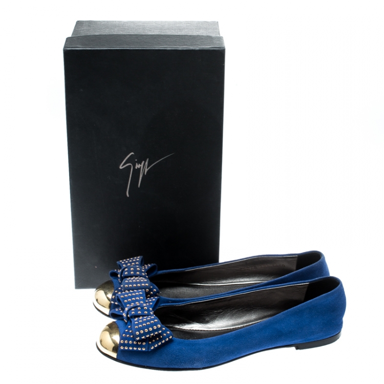 Pre Owned Giuseppe Zanotti Blue Suede And Gold Cap Toe Studded Bow Ballet Flats Size 38.5