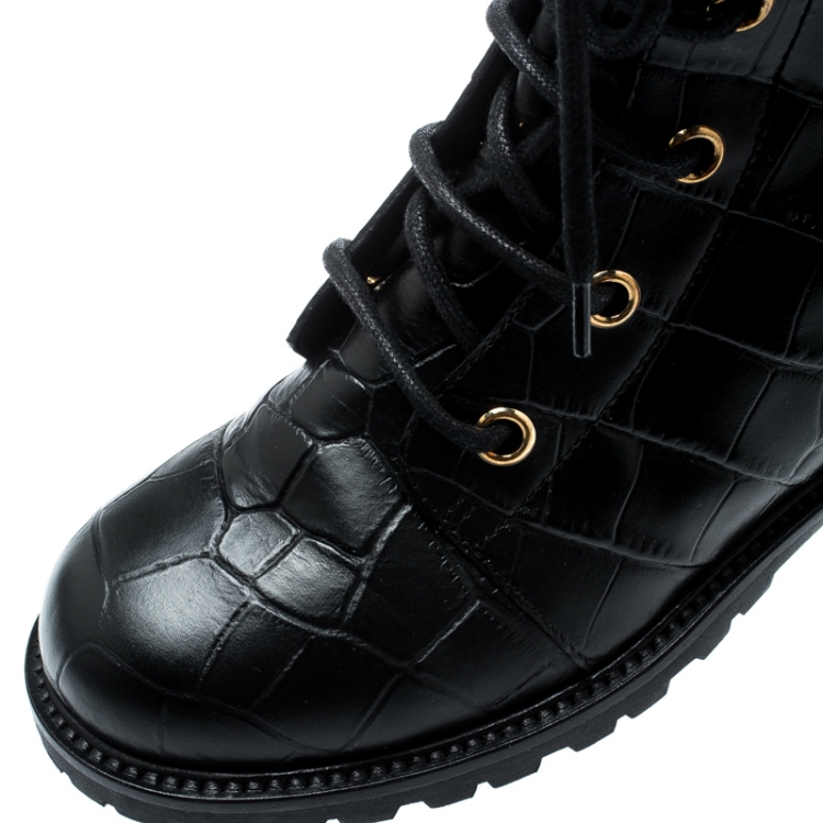 Pre Owned Giuseppe Zanotti Black Croc Embossed Leather Ankle Boots Size 36