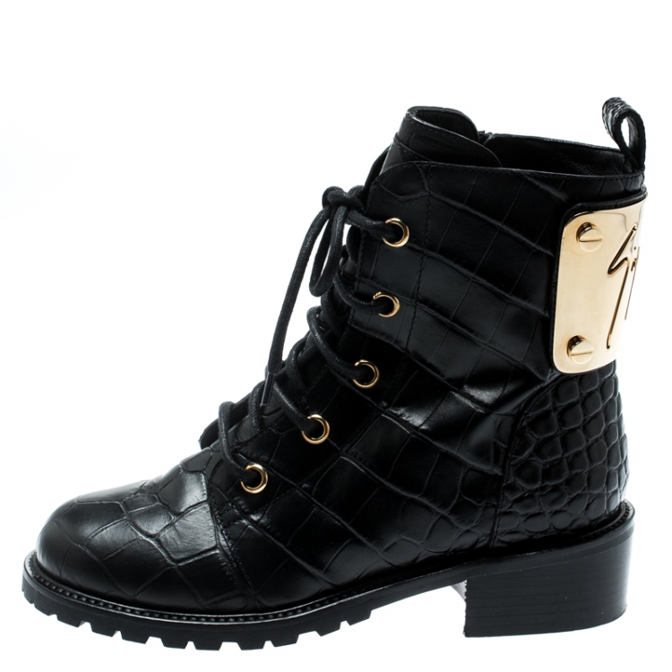 Pre Owned Giuseppe Zanotti Black Croc Embossed Leather Ankle Boots Size 36