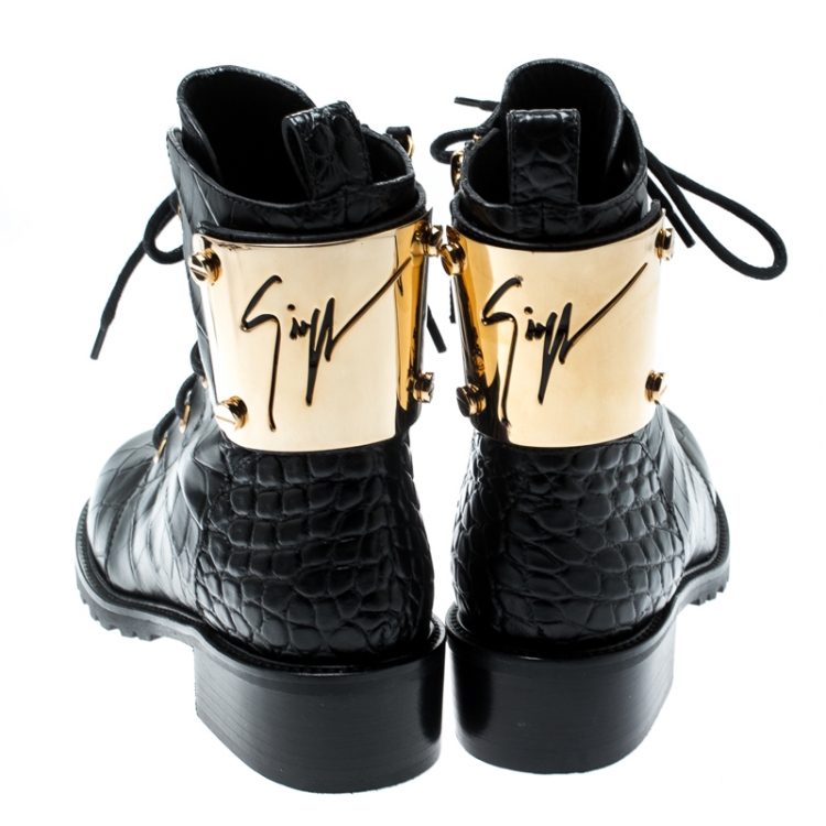 Pre Owned Giuseppe Zanotti Black Croc Embossed Leather Ankle Boots Size 36