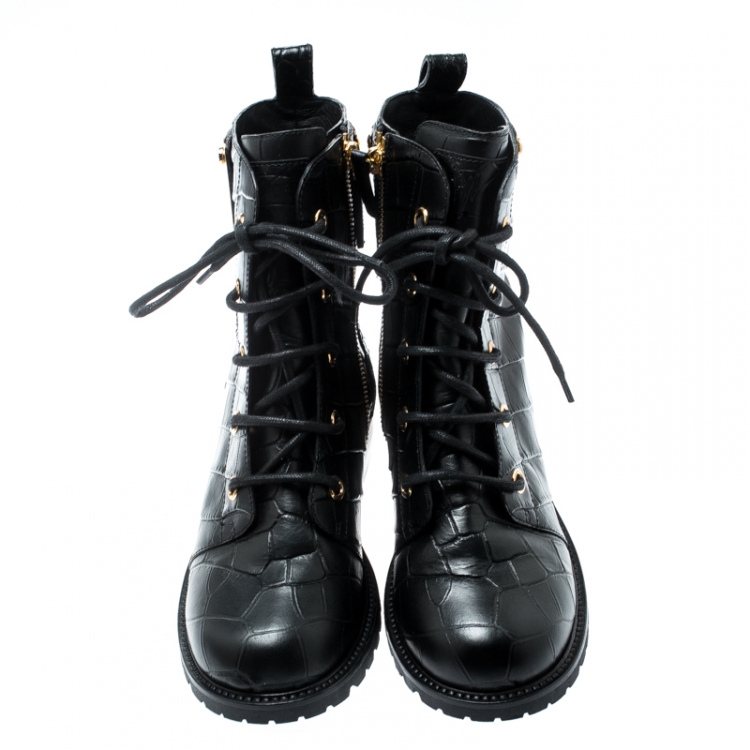 Pre Owned Giuseppe Zanotti Black Croc Embossed Leather Ankle Boots Size 36