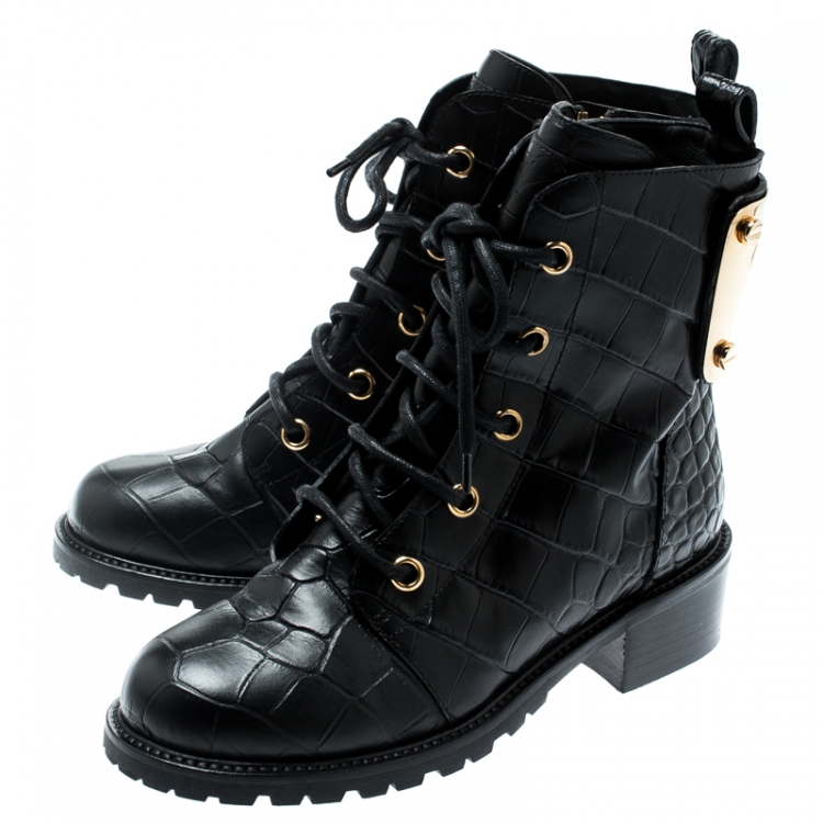 Pre Owned Giuseppe Zanotti Black Croc Embossed Leather Ankle Boots Size 36