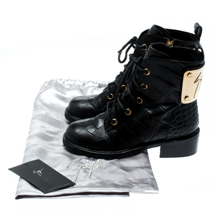 Pre Owned Giuseppe Zanotti Black Croc Embossed Leather Ankle Boots Size 36