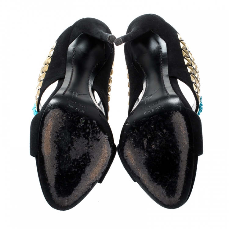 Pre Owned Giuseppe Zanotti Black Crystal Embellished Suede Coline Open Toe Sandals Size 37.5