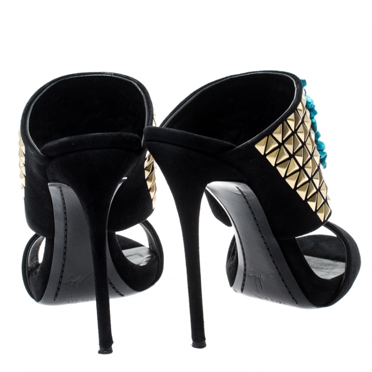 Pre Owned Giuseppe Zanotti Black Crystal Embellished Suede Coline Open Toe Sandals Size 37.5