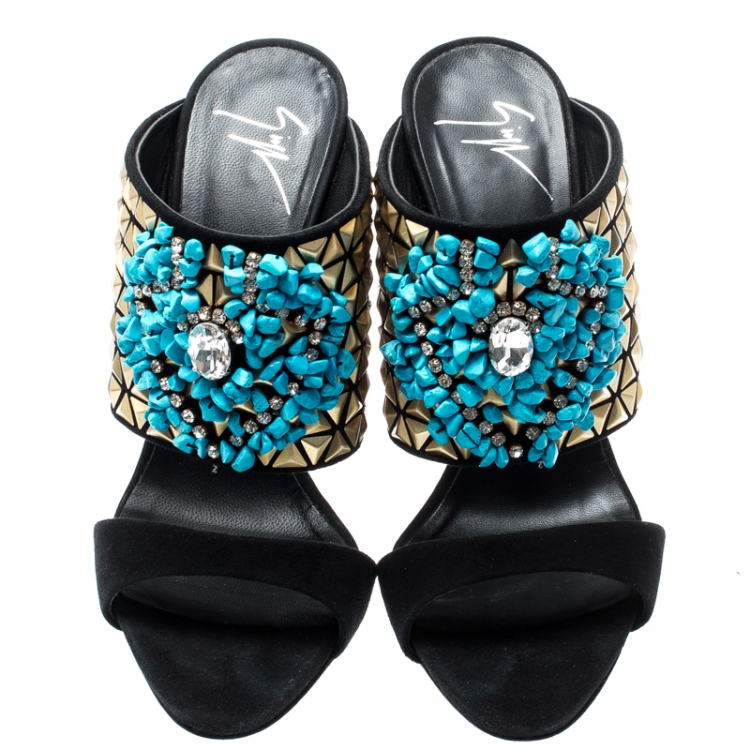 Pre Owned Giuseppe Zanotti Black Crystal Embellished Suede Coline Open Toe Sandals Size 37.5