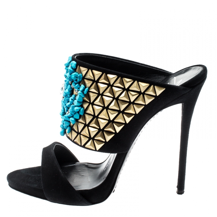 Pre Owned Giuseppe Zanotti Black Crystal Embellished Suede Coline Open Toe Sandals Size 37.5