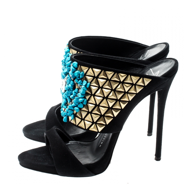 Pre Owned Giuseppe Zanotti Black Crystal Embellished Suede Coline Open Toe Sandals Size 37.5