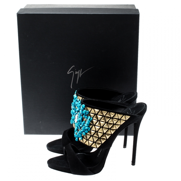 Pre Owned Giuseppe Zanotti Black Crystal Embellished Suede Coline Open Toe Sandals Size 37.5