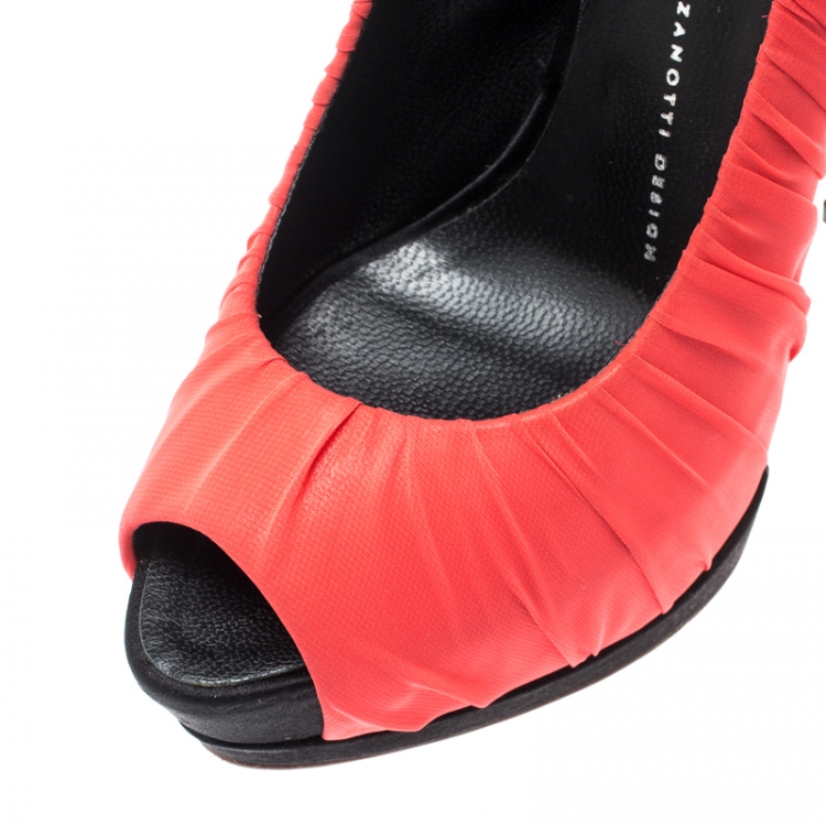 Pre Owned Giuseppe Zanotti Red Pleated Fabric Peep Toe Platform Pumps Size 38